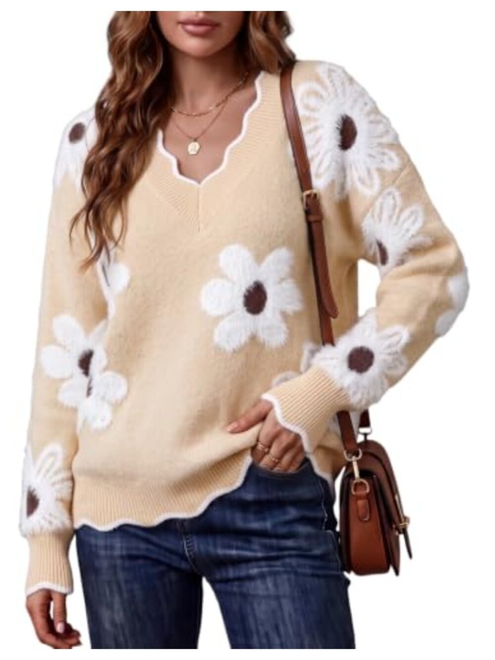 Women's Oversized V Neck Fuzzy Sweater Chunky Knit Long Sleeve Pullover